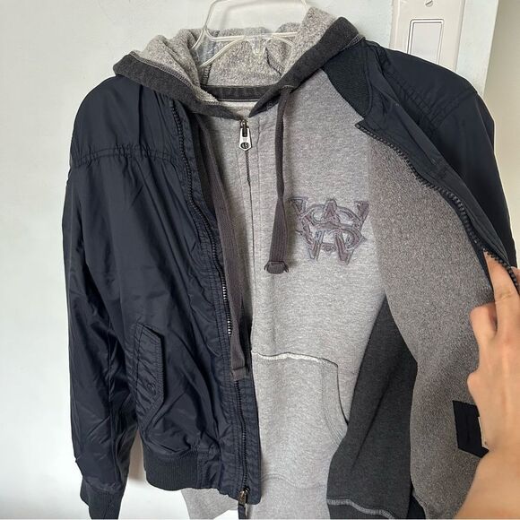 Bundle 2 Mens Small Bomber Fleece Lined Jacket with Hoodie Zip Up - Navy Grey - Picture 9 of 9